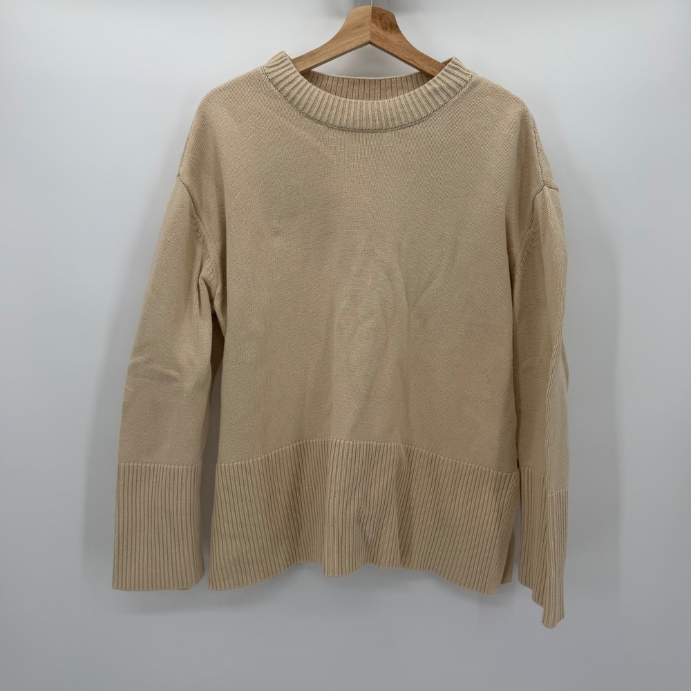 Gap Womens XL Beige Tan 100% Cotton Crewneck Ribbed Hem Side Slit Sweater